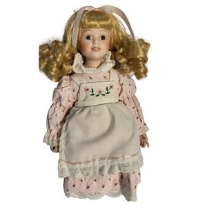 Royalton collection Porcelain Doll Blonde Curly Hair Blue Eyes Pink Dress